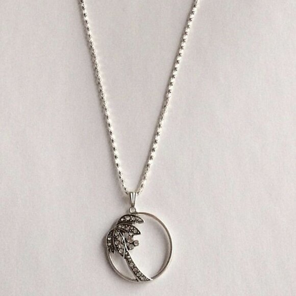 Palm Tree Pendant Necklace Crystal Silver Plated 23" X-Long Chain Coconut Island - Picture 8 of 12